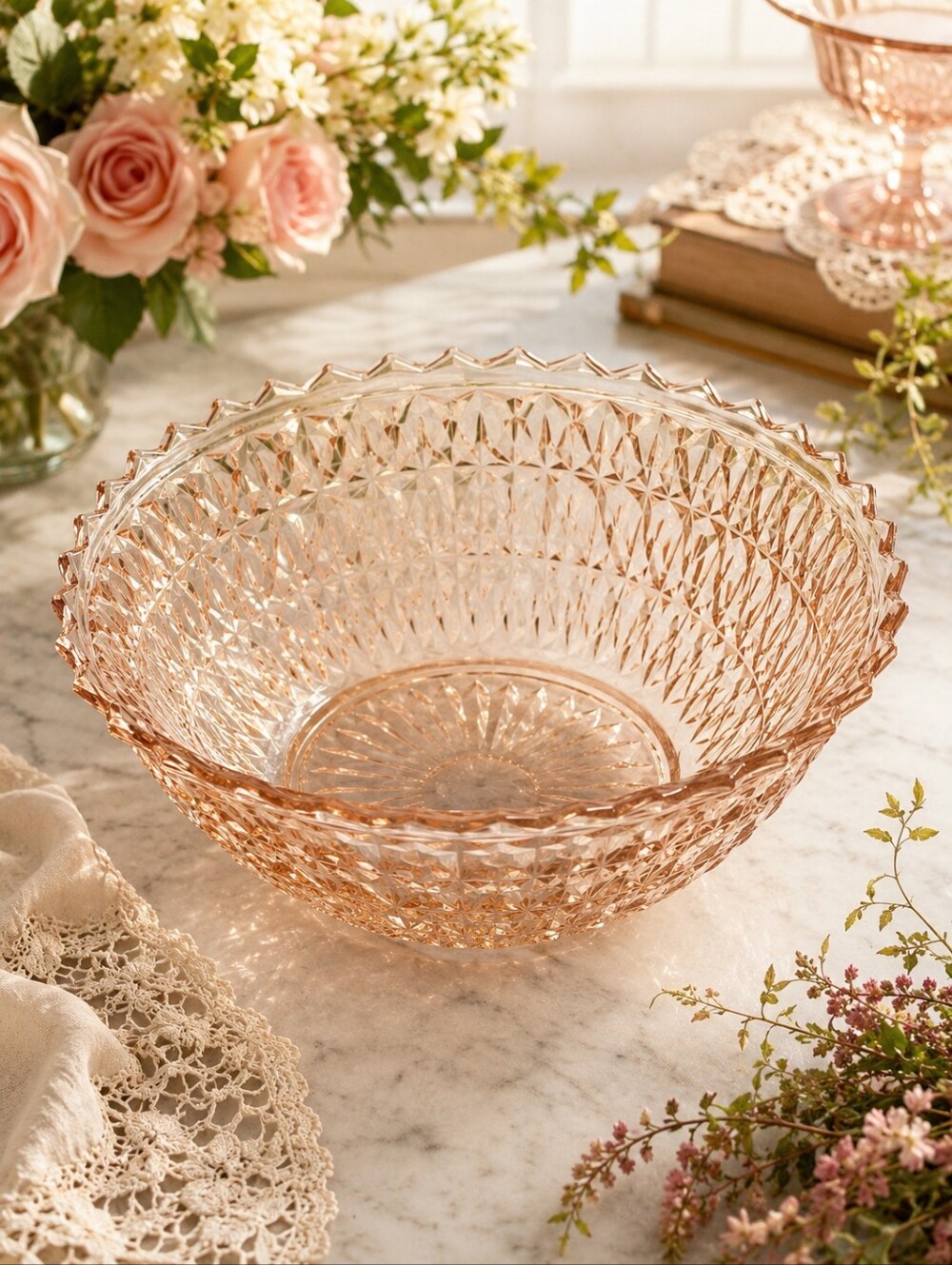 Vintage Jeannette Pink Depression Glass Buttons & Bows 9.5" Bowl